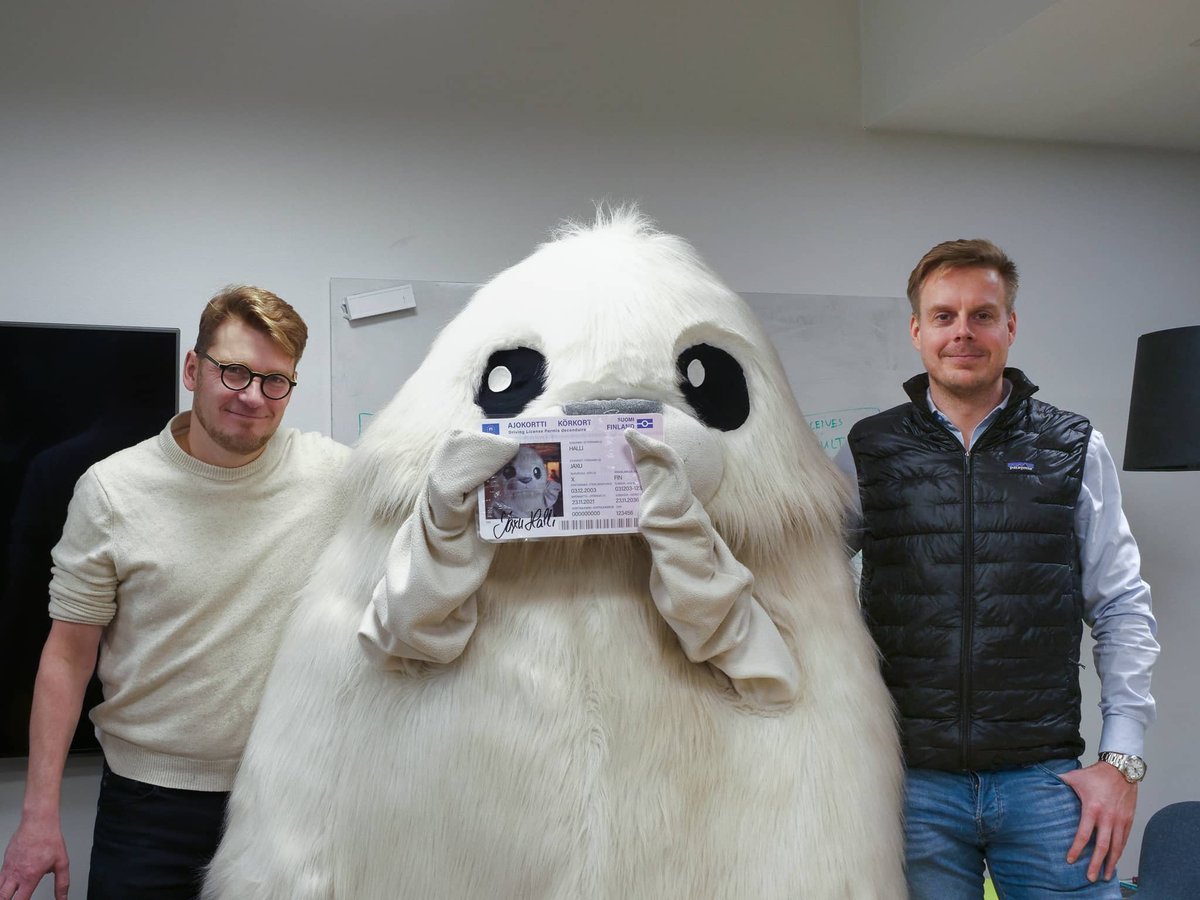 Sievo co-founders Sammeli Sammalkorpi, Matti Sillanpää and Sievo's mascot Jaxu in the middle.