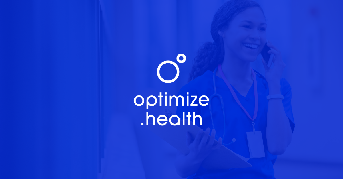Nurse Talking on Phone in Hallway with Blue Overlay Featuring Optimize Health Logo