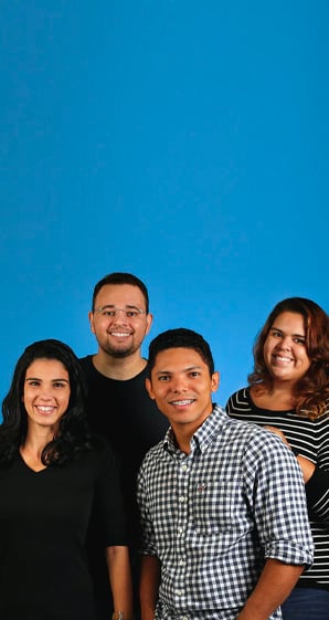 group of people with blue background
