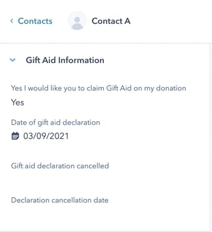 Gift Aid properties on a contact record