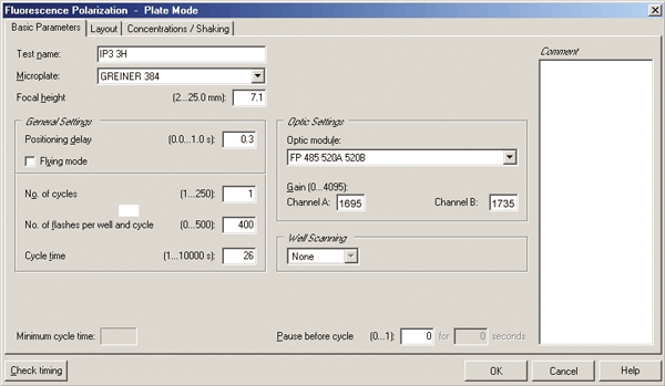 Fig. 2: This screenshot shows the HitHunter IP3 FP assay setup window from the PHERAstar FS. An optical module for HitHunter IP3 is directly available from BMG LABTECH.