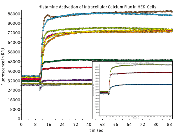 Fig. 1: Fluo-4 Direct™ intracellular calcium response in HEK 293 cells upon injection of histamine (5, 10 and 15 μL of 270 nM) in a 384 well microplate. Inset graph shows the average of four replicates.