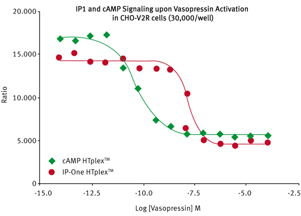 Fig. 3: GPCR signaling in CHO-V2R cells was measured via cAMP (green) and IP1 (red) responses upon a dose dependent activation of vasopressin.