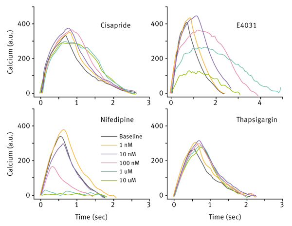 Fig. 3: Calcium Transient Profiles. Human EHTs were treated with increasing concentrations of Cispride, E4031, Nifedipine, and Thapsigargin.