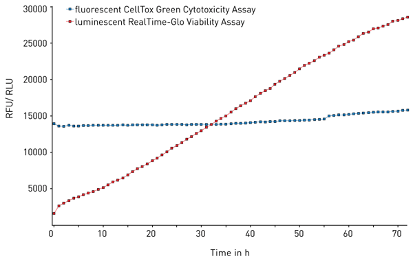 Fig. 3: Multiplexed RealTime-Glo and CellTox™ Green assay. Average results of 10 replicates shows that cell viability increases and cytotoxicity is unchanged over 72 hours in untreated cells.