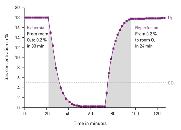Fig. 1: Example of ischemia-reperfusion atmospheric conditions in the CLARIOstar microplate reader with ACU. O2 and CO2 levels were regulated as deﬁned in the reader software.