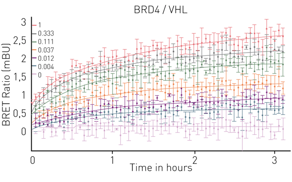 Fig. 3: NanoBRET™ ternary complex formation assay. ARV-771 induces rapid and dose-dependent ternary complex formation of BRD4 with VHL E3 ligase recruiter. Data are expressed in milliBRET units (mBU) and error bars represent standard deviation of n=4 technical replicates.