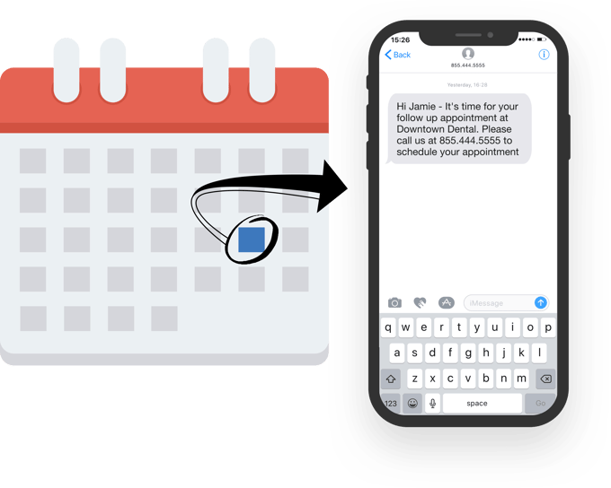 patient-recall-image shows how a patient who hasn't seen their Dentist recently is sent a text alert to schedule an appointment.