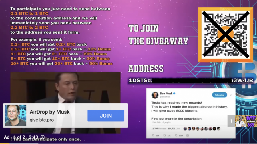 В YouTube обнаружили рекламу раздачи биткоинов от лица Илона Маска
