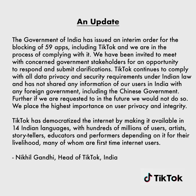 Власти Индии запретили TikTok и еще 58 китайских приложений