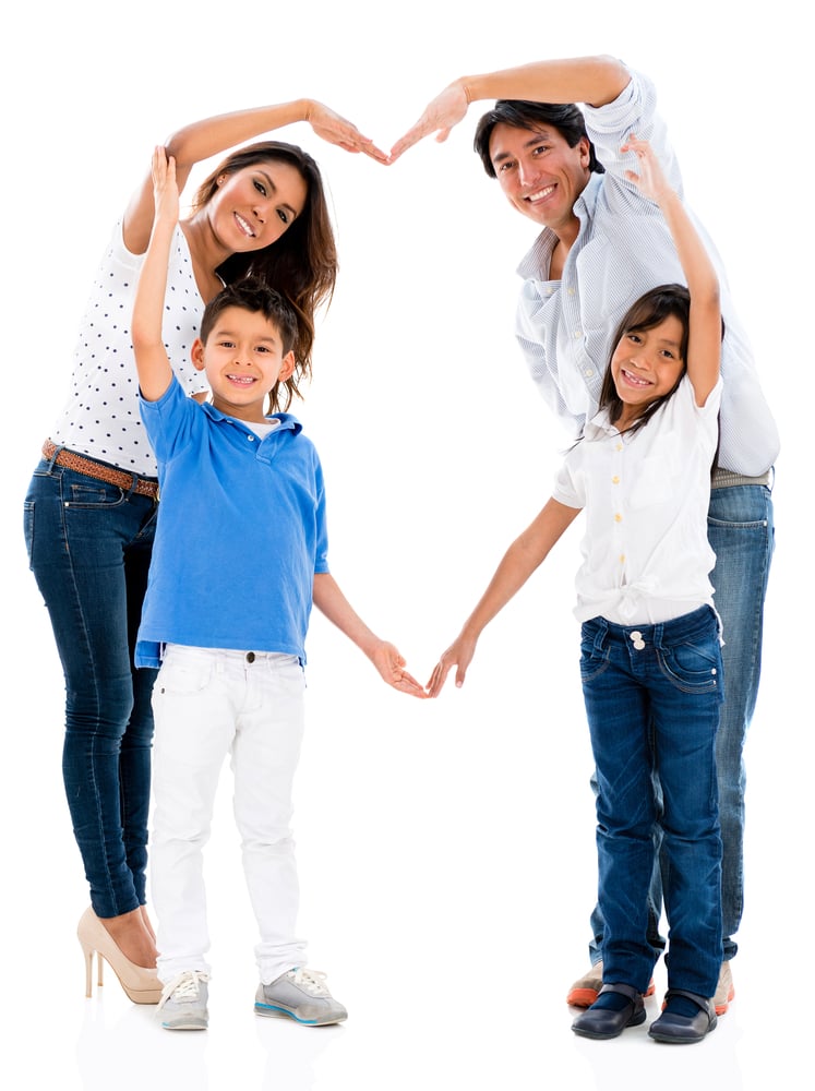 Loving family making a heart shape - isolated over white background