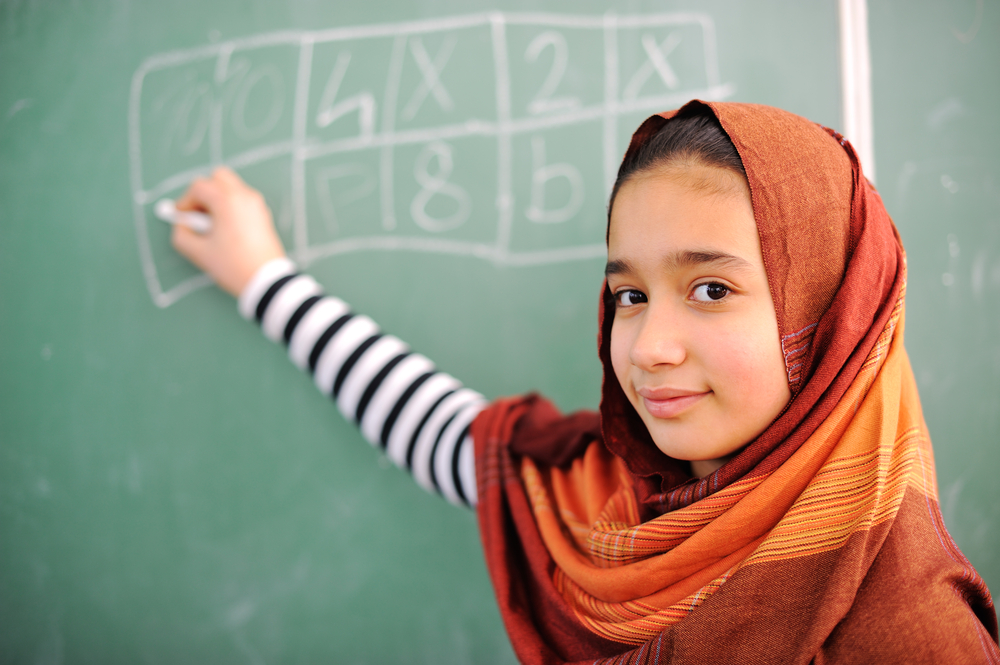 Beautiful arab girl wearing hijab in school