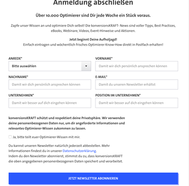 Beispiel Newsletter Anmeldung Kontaktformular mit zusätzlicher Abfrage von Unternehmensdaten