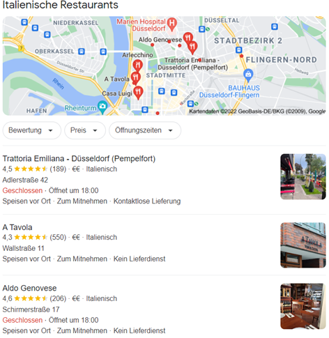 Screenshot aus Google Maps, auf dem ein italienisches Restaurant und seine Öffnungszeiten zu sehen sind