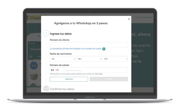 Completar registro en WhatsApp Coppel