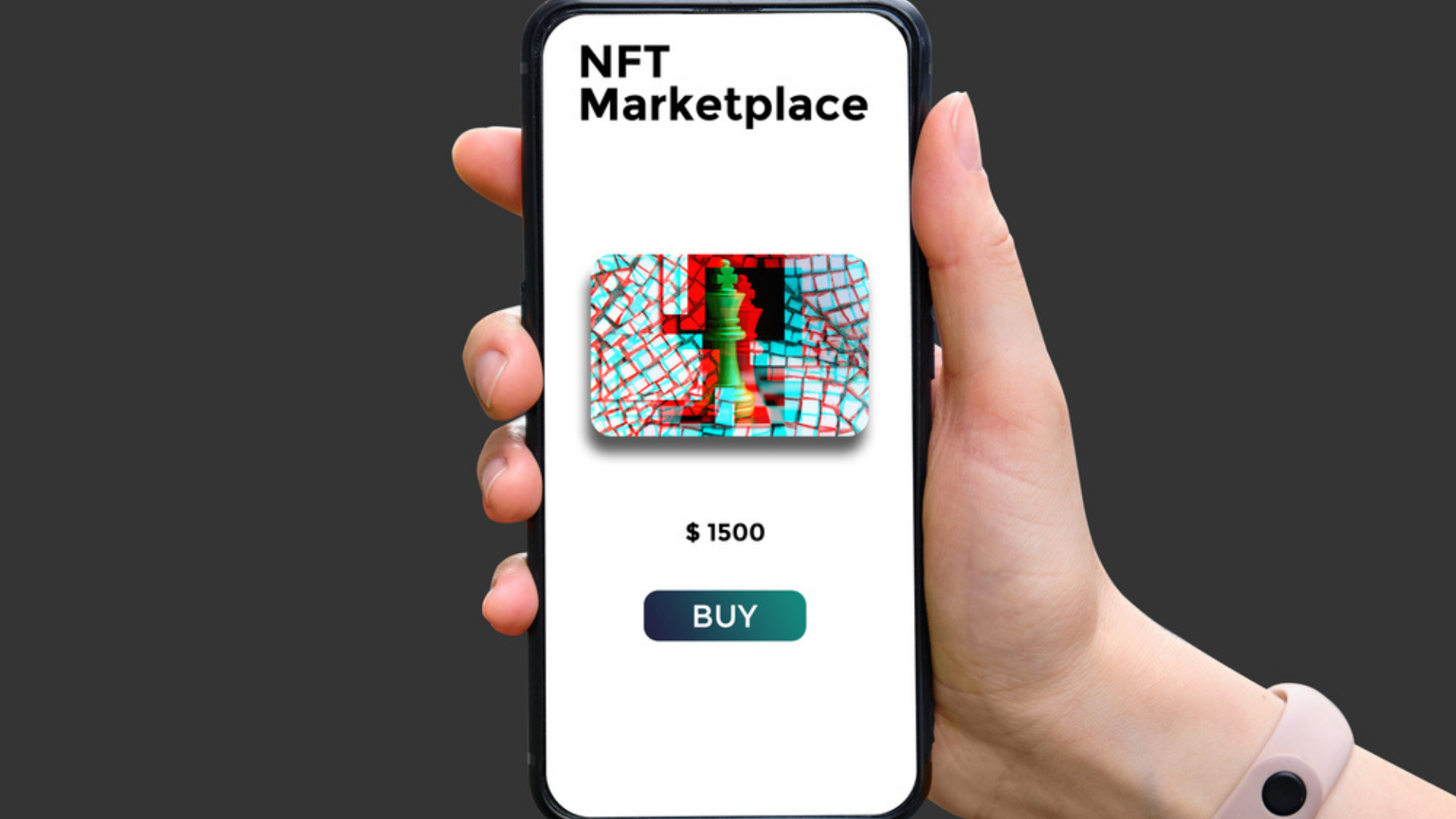 Hand holding an iphone with a NFTs Marketplace on the screen