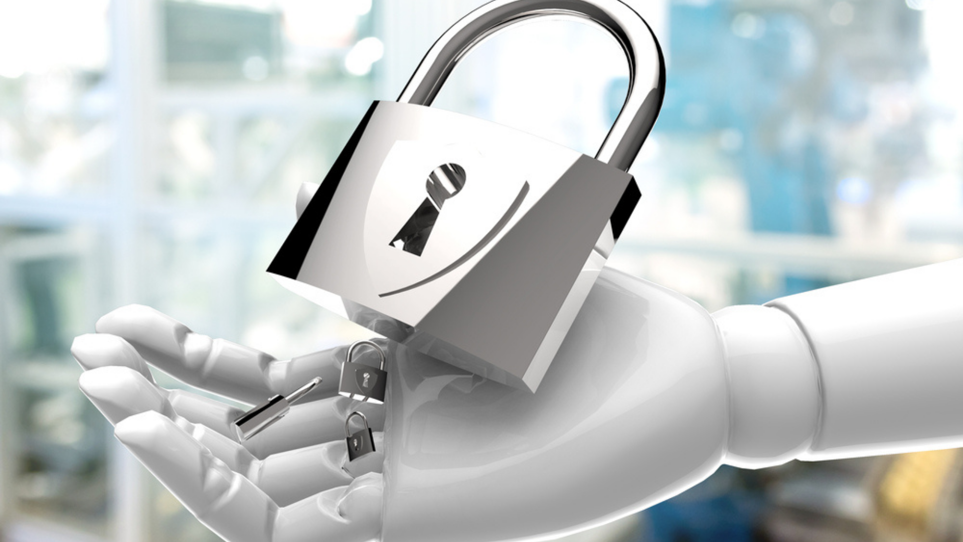a padlock held by the hand of a robot, related to AI cybersecutiry