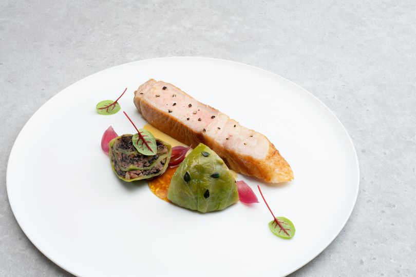 Haute cuisine, finely plated featuring Petit Chou from Odette, Singapore