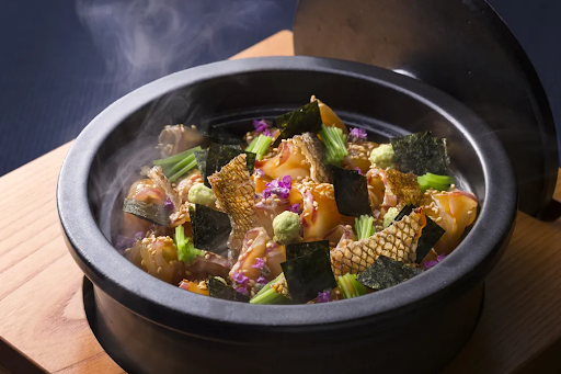 Japanese Nabe with seaweed, vegetables, and fish