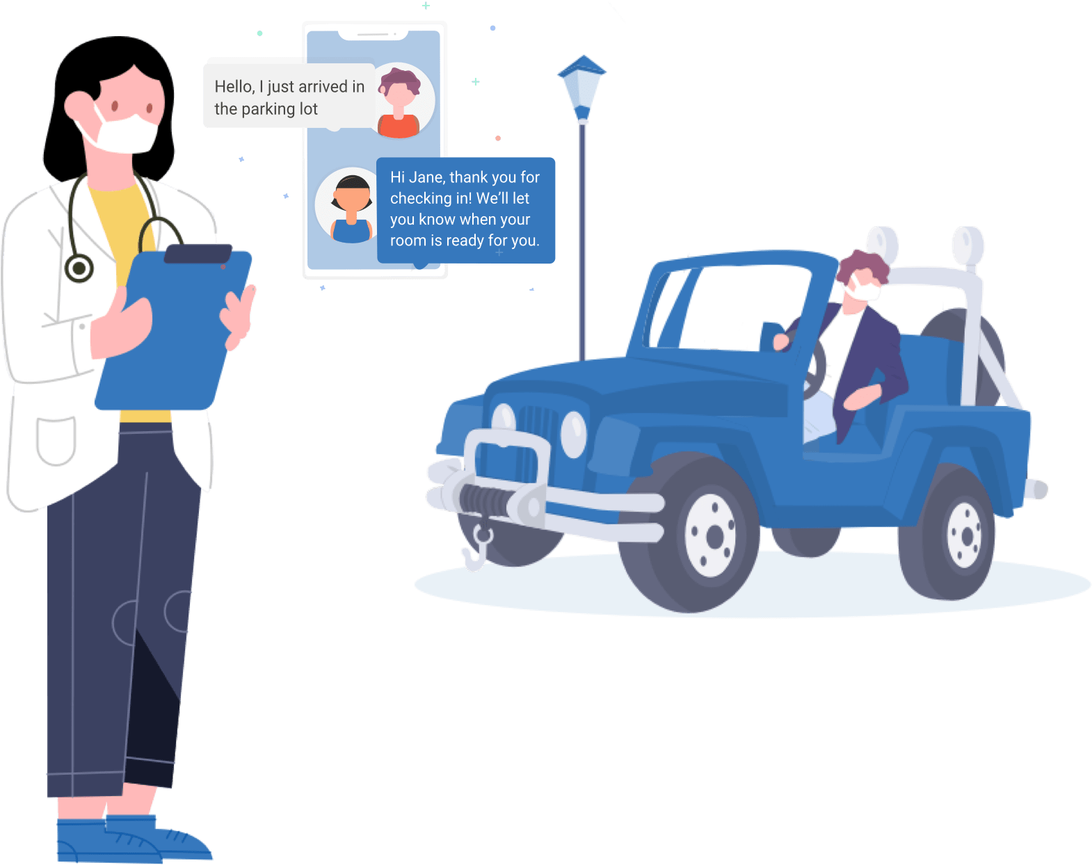 A depiction of Virtual Waiting Room Sign-up. The illustration visualizes how a patient can text a medical or dental practice once they have arrived in the parking lot. Also visualized is the automated response they receive from Doctible's Virtual Waiting Room Product containing further instructions.